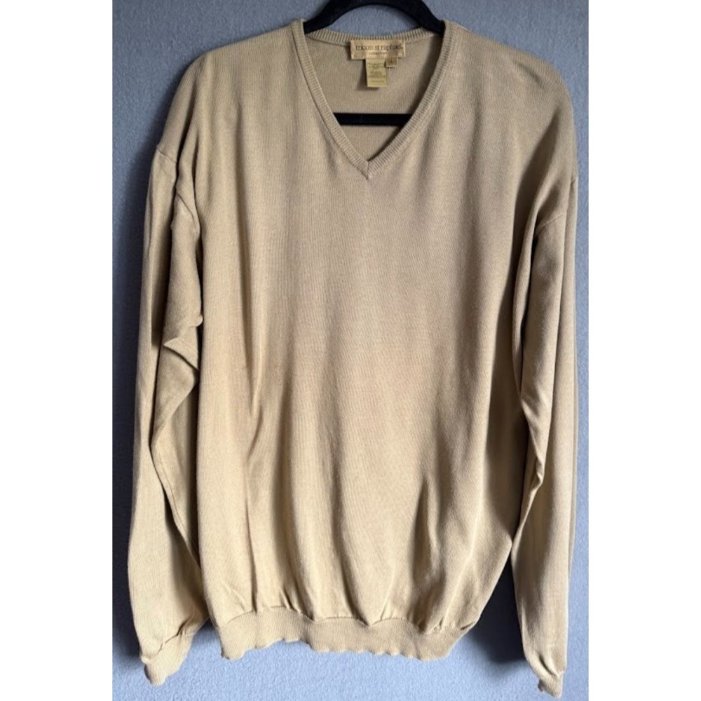 Tricots St Raphael Sweater Men‎ L Beige V Neck 100% Cotton Y2K 2000s Lightweight